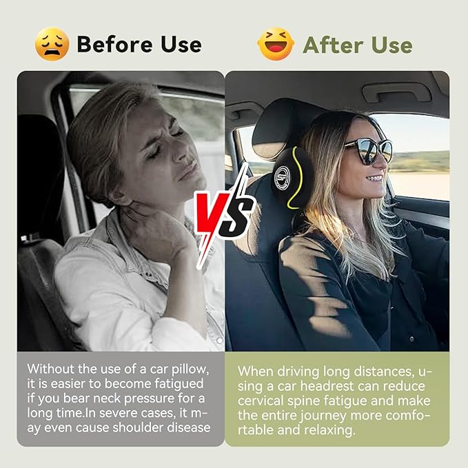SPRFUFLY Really Chic Car Headrest Pillow, Car Pillow for Driving with Adjustable Strap, 100% Memory Foam Neck Pillow, Ergonomic Design - 2 Pack Car Neck Pillow(Includes 2 Eye Masks, Yellow Side Rope)