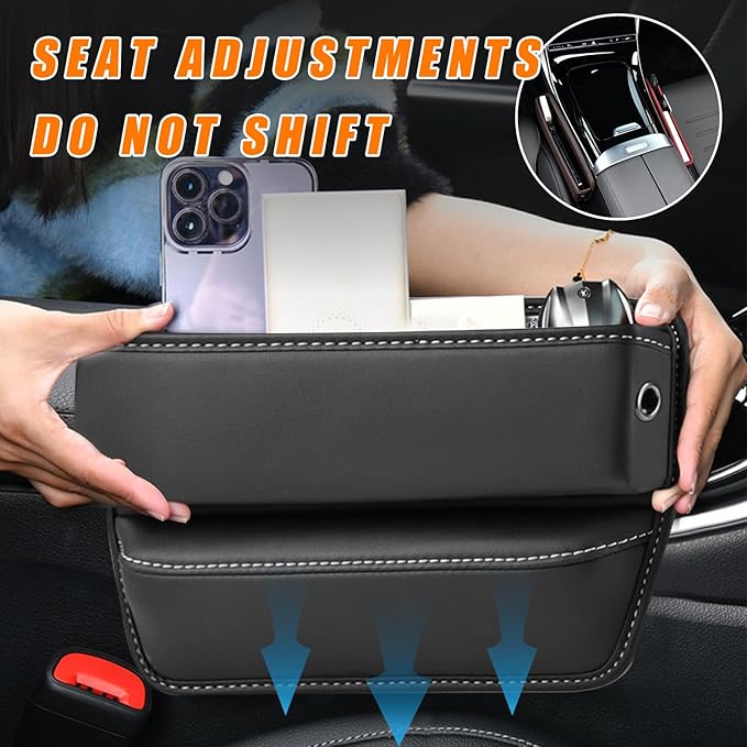 Ziciner Car Seat Gap Organizer, Premium Leather Auto Seat Storage Box, Vehicle Adjustable Front Seat Gap Filler, Car Seat Side Pocket Organizer for Phones, Glasses, Keys, Money, Cards (Black)
