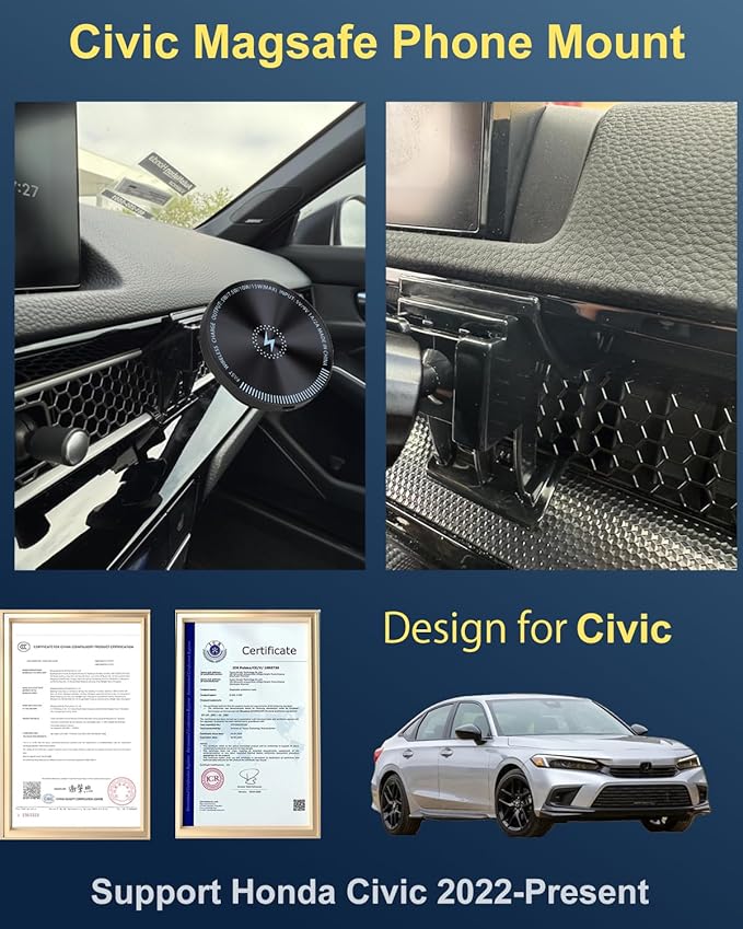 Designed for MagSafe Car Mount for 2026 Civic Phone Mount 2026 15W Fast Wireless Charging 11th gen Civic Phone Holder 2026 Civic Accessories Support 2022-present Civic
