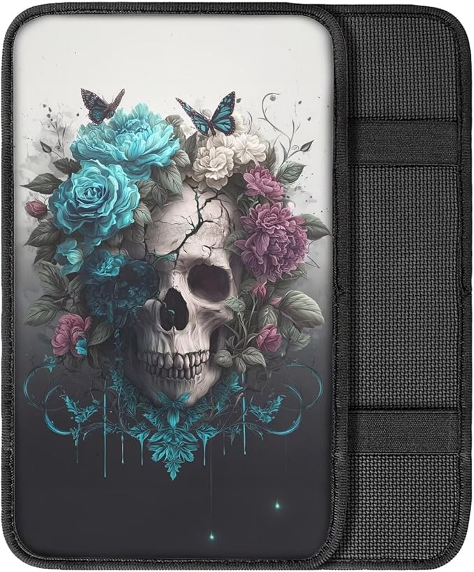 Skull Print Car Center Console Armrest Cover Rose Butterfly Print Armrest Box Cover Center Console Pad Neoprene Car Decor Accessories for Women Men, Easy to Install