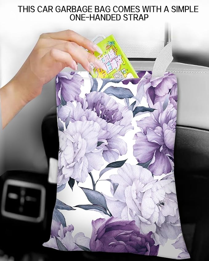 Car Garbage Can, Hanging Car Trash Can Bag for Cute Car Back Seat Organizer, Cute Purple Flowers