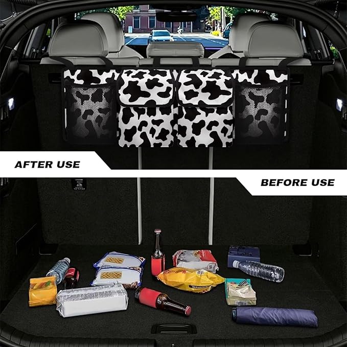 Black Cow Spots Car Trunk Organizer Sturdy Car Storage Organizer Auto Hanging Seat Back Storage for SUV,Truck,Van