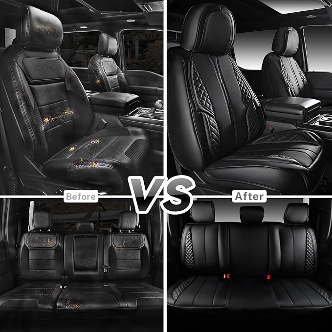 CAR PASS Nappa Leather Car Seat Covers Full Set, Luxury Seat Protector for Cars, Waterproof Anti-Slip PU Seat Cushion Airbag Armrest Compatible Universal for Sedan SUV Pick-up Truck Auto, All Black