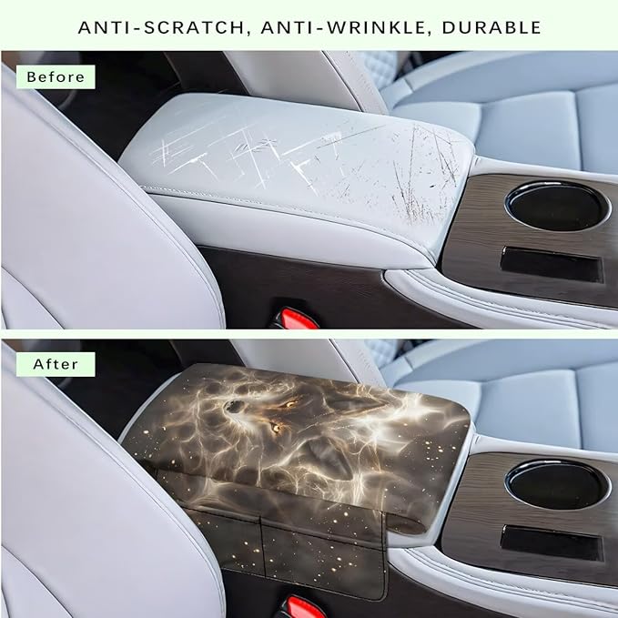 Car Center Console Cover Non-Slip Armrest Protector with 4 Storage Bags Wolf Print Car Armrest Seat Box Pad Car Interior Accessories for Most Vehicle
