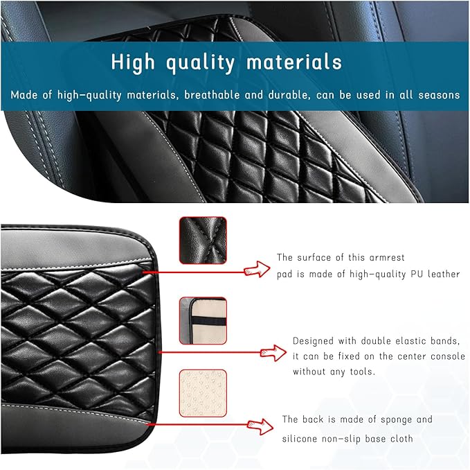 Car Center Console Cushion Pad, Universal Leather Waterproof Armrest Seat Box Cover, Comfortable Auto Armrest Cover Protector, Car Interior Decor Accessories for Most Vehicles (Black & Gray)