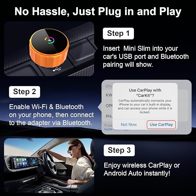 Wireless CarPlay Adapter2026 Upgrade-Suitable for Apple iPhone and Android, 2in1 mini USB Design, Plug and Play, with Fast and Stable Connection Between CarPlay and Android Applications.