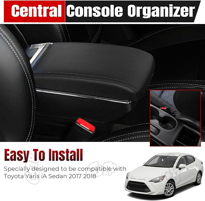Center Console Armrest Compatible with Toyota Yaris iA Sedan 2017 2018 with 7 USB Port Cup Holder Double Layer Organizer Storage Box (All Black)