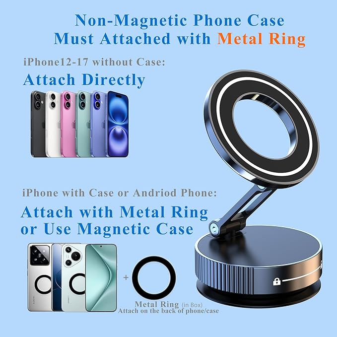 Vacuum Magnetic Phone Holder for Car,Full Metal Body,Vacuum Suction Phone Mount,Magsafe Car Mount for iPhone, Folding Holder for iPhone and Android