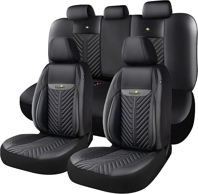 PU Leather Car Seat Covers Full Set – Waterproof seat Cover for Cars，3D Foam Support Automotive seat Covers ，Airbag Compatible, Universal Fit for Cars SUVs Trucks Sedans（Black/Grey）
