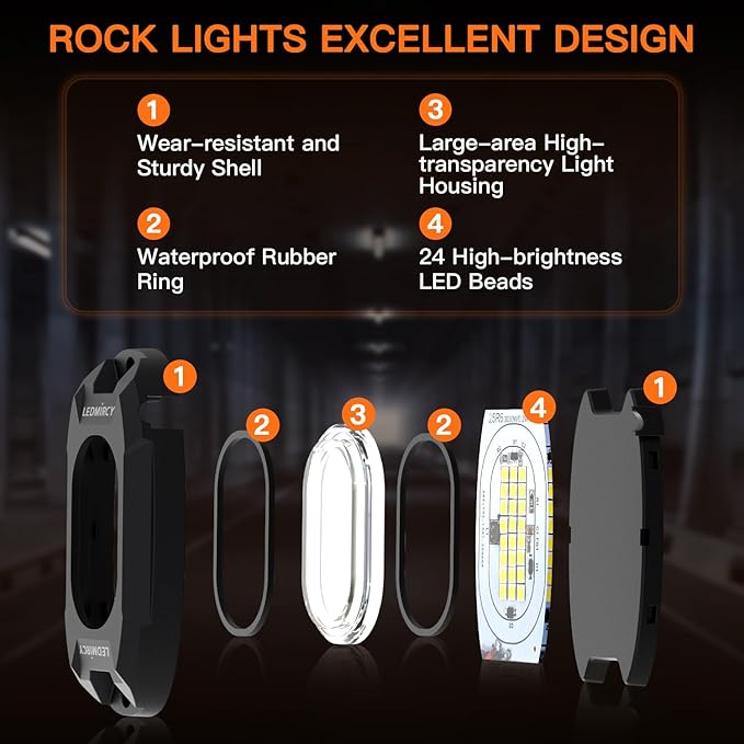White Rock Lights,LEDMIRCY R6 LED Pure White Rock Lights 12PCS with Rocker Switch Wire Harness Kit for Trucks UTV Off Road Boat ATV Luces para Carro Super Bright High Power Light Waterproof Shockproof