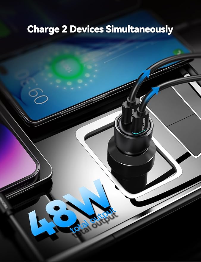 TECKNET USB C Car Charger [2Pack], 48W 2-Port Cigarette Lighter Fast Chargering, PD&QC3.0 USBC Car Charger Adapter Compatible with iPhone 16/15 Plus/15/14/13 Galaxy