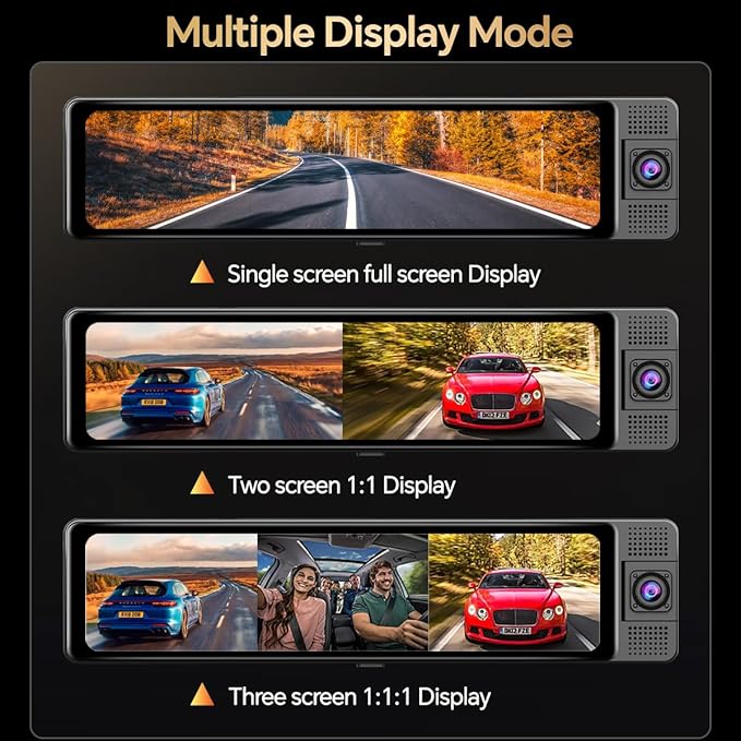 12" Rear View Mirror Camera, 3 Channel 4K Mirror Dash Cam Front, Inside and Rea1080P Camera, Smart Full Touch Screen Backup Camera for car, Dash Cam with WDR Camera,Night Vision,Free 64GB Card & GPS