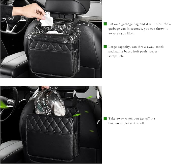 2PCS Car Seat Back Organizer, Waterproof Leather Hanging Backseat Organizer with Storage Pockets, Large Capacity Auto Trash Bag Collapsible Document Holder for Most Vehicles