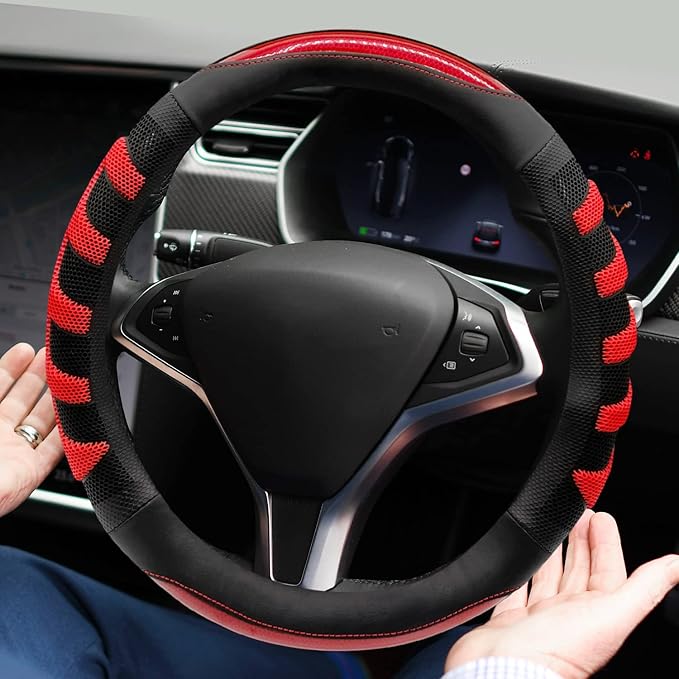 Sport Style Black Leather Steering Wheel Cover with Red Fishbone Grip Steering Wheel Accessory,Universal Fit 14.5-15.25 inch Steering Wheel