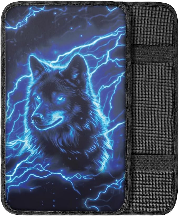 Lightning Wolf Car Center Console Cushion Pad Decorative Non Slip Armrest Box Cover Center Console Pad Blue Wolf Automotive Interior Decoration for Truck Sedan SUV