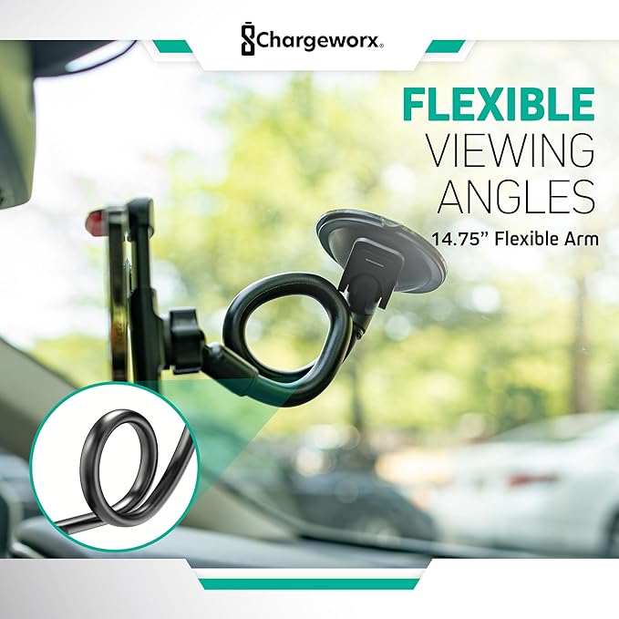 CHARGEWORX Adjustable Windshield Phone Mount for Cars, 14.75” Flexible Gooseneck Cell Phone Holder with Suction Cup, Anti-Slip Clamp Grip, 360-Degree Rotation for iPhone & Samsung