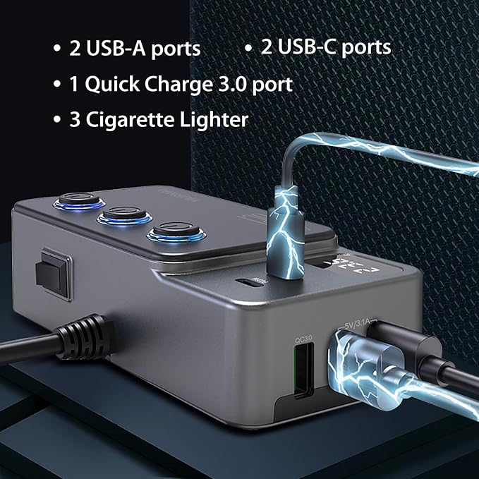 Cigarette Lighter Splitter Adapter, 120W 3 Socket 12V Car Heavy Duty Truck Cigarette Lighter Plug USB Charger Multi Port Car Plug Outlet Splitter with LED Voltage Display Independent Switches