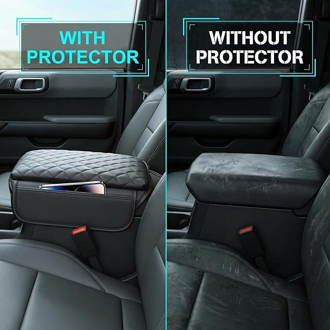 Center Console Cover for 2025 Ford Bronco Accessories 2024 2021 2022 2023 Leather Arm Rest Cover for Car with 2 Side Pockets for Bronco 2/4 Door (Not for Sport)