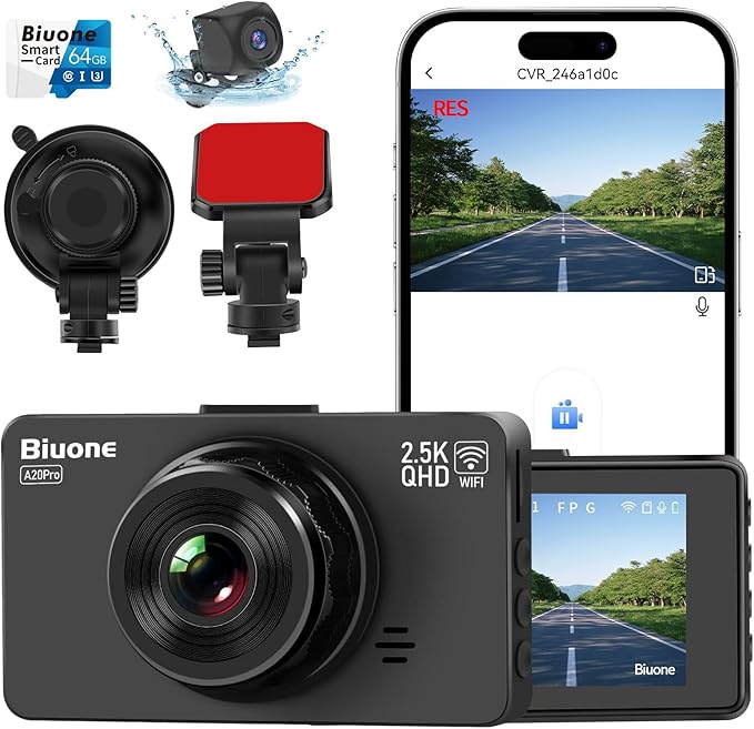 Dash Cam Front and Rear Dash Camera WiFi/APP Control Car Camera with 64G Card 2.5K Front Dash Cam+1080P Rear Dashcams with Super Night Vision, Loop Recording, G-Sensor