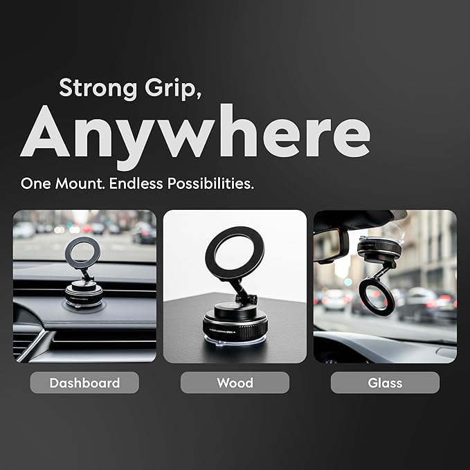 Heavy Duty Magnetic Phone Holder Vacuum Suction Mount Foldable, 360° Adjustable, Car/Office/Gym - Dashboard, Windshield, Window, Mirror, Universal Mount - Magsafe Compatible, iPhone, Samsung, Pixel
