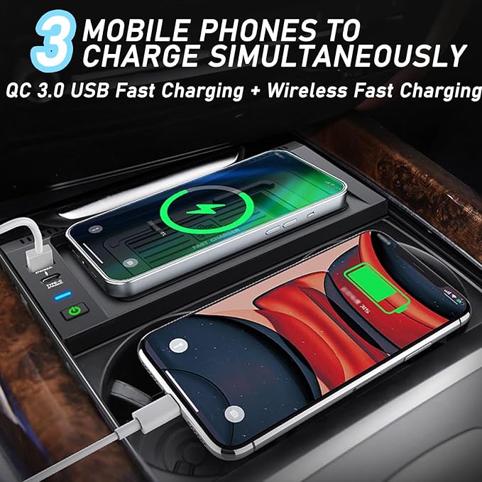 Wireless Car Charger with 15w Wireless and 27w USB Qc 3.0 Fast Charging for BMW X5/X6 2014-2018 Center Console Charging Pad Mat Interior Accessories