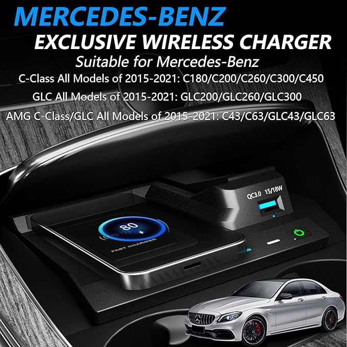 Wireless Car Charger for Mercedes Benz C-Class GLC AMG 2015-2021 C180 C200 C260 C300 C450 GLC 200 GLC 260 GLC 300 C43 C63 GLC43 GLC63, 15W Fast Charging Phone Charger Pad for iPhone Galaxy