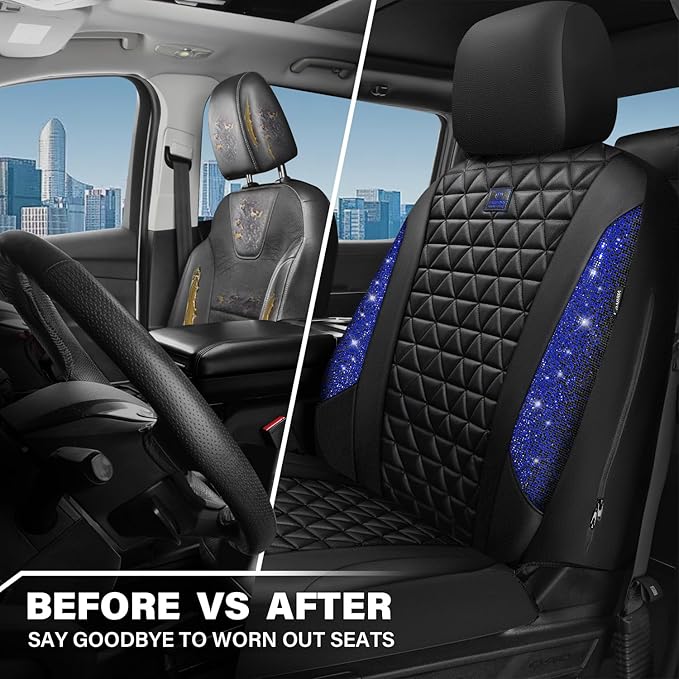 CAR PASS Bling Diamond Black Leather Car Seat Covers for 2 Front Interior Sets, Waterproof Shining Glitter Sparkly Crystal Universal Armrest Fit Automotive Truck SUV Cute Women Girl, Blue Rhinestone