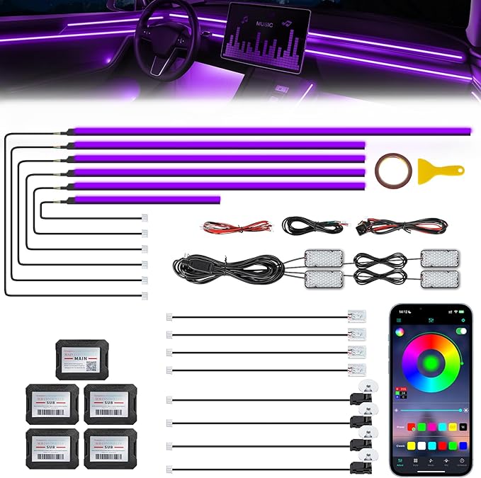 Acrylic Interior Car LED Strip Light with Wireless APP, RGB 18 in 1 with 175 inches 600 LEDs Fiber Optic Strip Lights for Car, Dynamic Chasing Sound Active Neon Car Ambient Lighting Kits