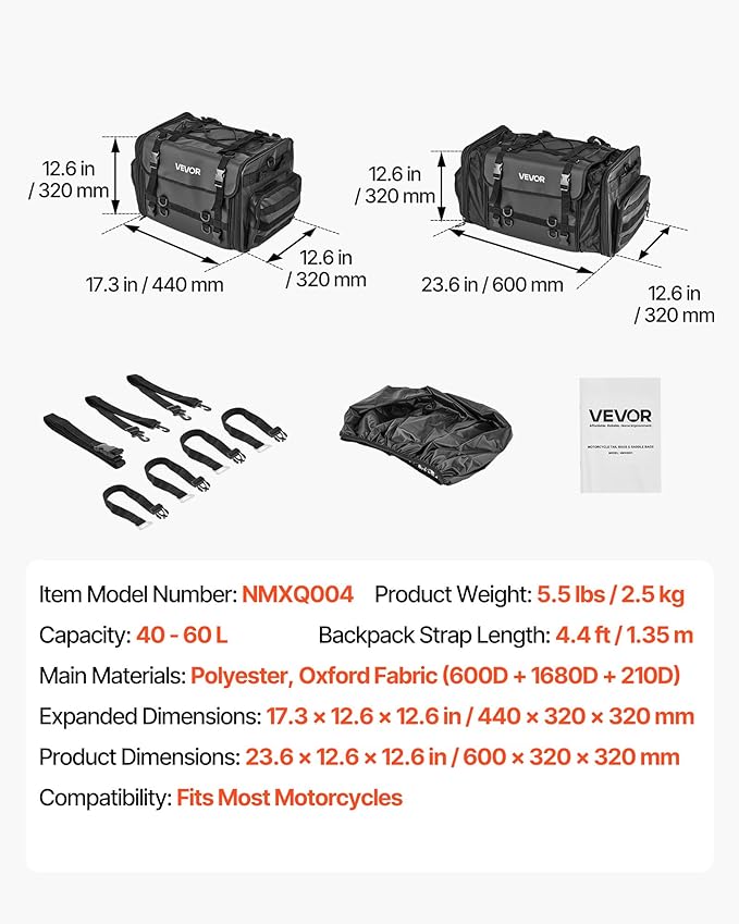 VEVOR Motorcycle Tail Bag, 40-60 L Expandable Motorcycle Rear Seat Bag with Waterproof Rain Cover, Foldable Outdoor Sports Motorbike Luggage Storage with Shoulder Straps, Pocket & Elastic Cord, Black