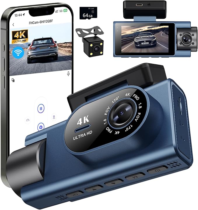 Dash Cam Front Rear Inside, 4K Full HD Dash Camera for Cars, Included 64GB Card, Built-in Wi-Fi, 3” IPS Screen, Night Vision, 170°Wide Angle,Loop Recording, APP Control (3Channel Dashcam+64G)