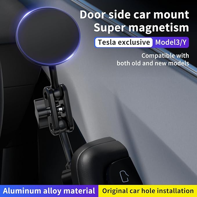 Magnetic Door-Mount Phone Holder for Tesla Model Y/3, Aluminum Alloy Construction, 4D Adjustable Car Mount with Super Magnetism, Original Hole Installation Compatible