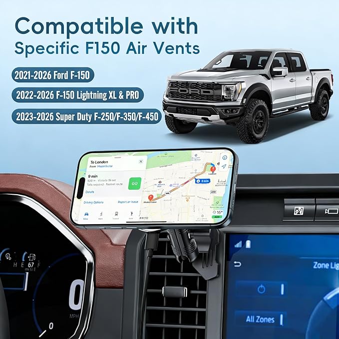 Kaishengyuan Wireless Charger Magnetic Vent Phone Mount Compatible with 2021-2026 Ford F-150, 2023-2026 Super Duty F250/F350/F450, Metal Phone Holder Cradles Bracket Stand with Arm for All Smartphone