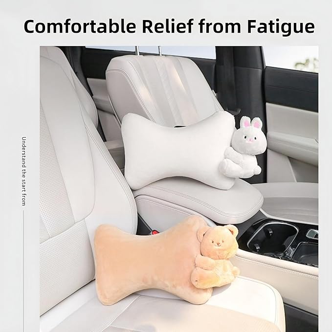Car Headrest Pillow 2PCS Plush Bear ＆ Bunny Car Seat Headrest Pillow - Memory Foam Neck Support Cushions for Comfortable Driving, Easy Install & Washable (White Rabbit)