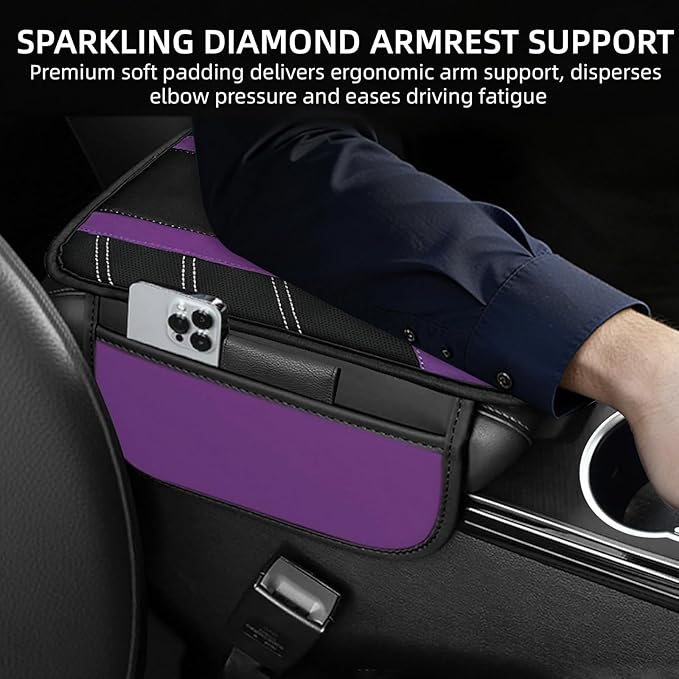 NBTEPEM Purple Center Console Cover, Sporty Leather Armrest Cover Cushion with 2 Storage Pockets, Universal Auto Middle Console Protector, Car Interior Accessories for Most SUV, Truck, Sedan Vehicles