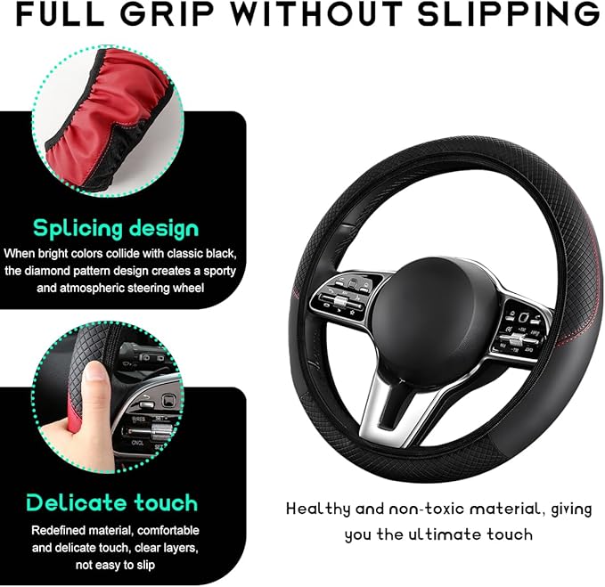 Car Steering Wheel Cover, 15 inch Carbon Fiber Microfiber Leather Elastic Steering Wheel Protector, Breathable Anti-Slip Comfortable Steering Wheel Covers for Most Cars (Black, AD)