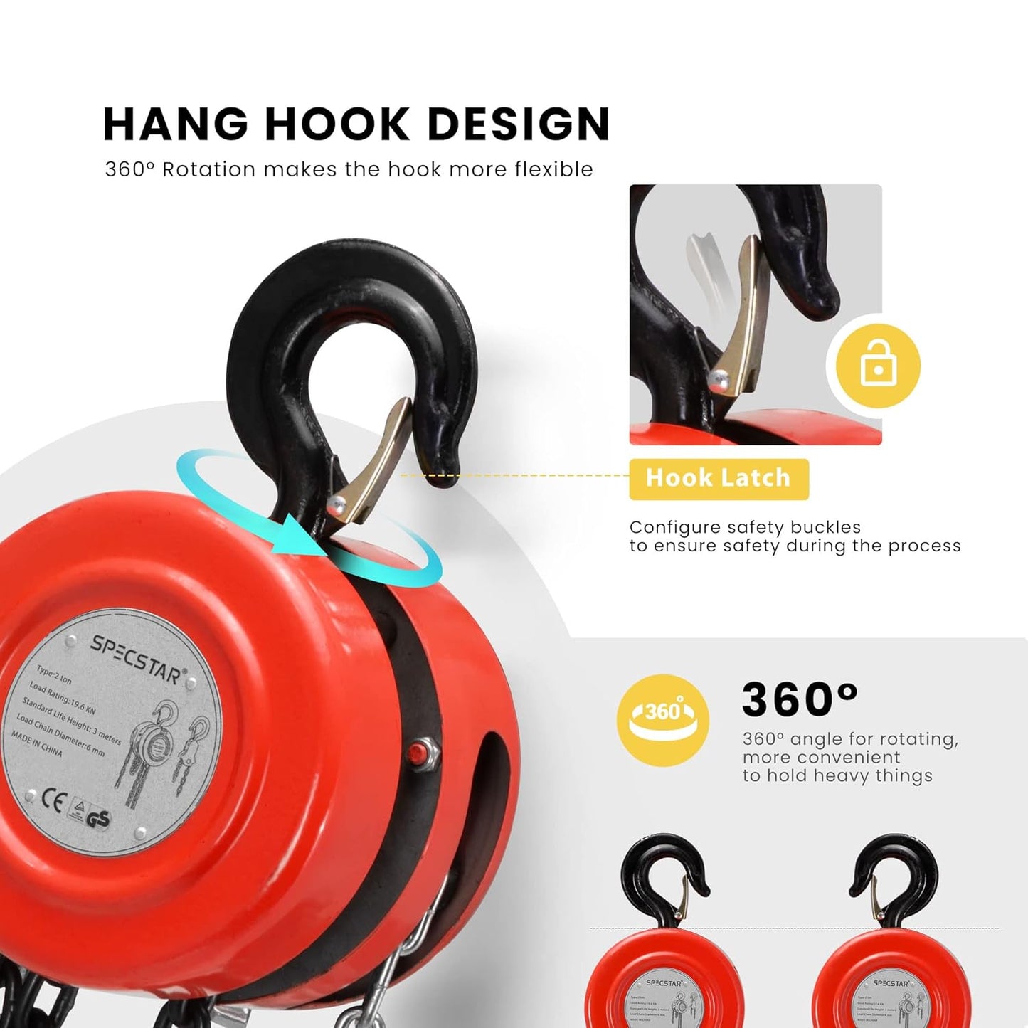 SPECSTAR Hand Chain Hoist 2 Ton 4400 Lbs Capacity 10 Feet with 2 Heavy Duty Hooks, Manual Chain Fall for Warehouse Building Automotive Machinery Red