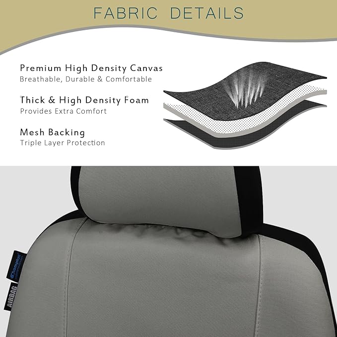 Champlus Car Seat Covers, Canvas Seat Protectors for Two Front Seats, Universal Fits Sedan Cars, SUVs, Trucks, and Mini Vans, Airbag Compatible, Quick Install, Set of 2, Gray