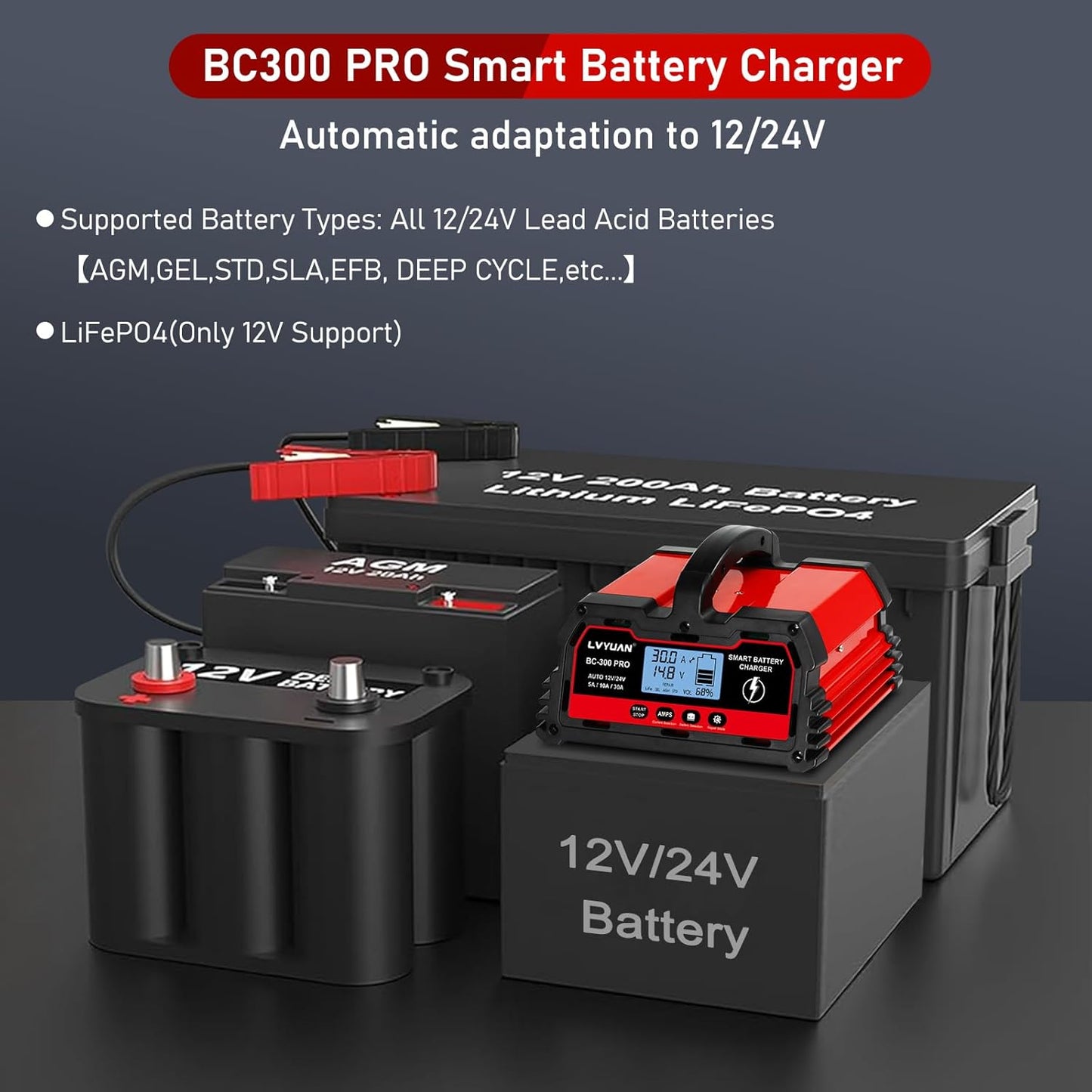 LVYUAN 30Amp Smart Car Battery Charger, 12V/24V Automotive Charger, Lead-Acid Battery, LiFePO4 Battery Maintainer with LCD Display, Trickle Charger, for Lawn Mower, Motorcycle, AGM, STD, Gel, EFB,etc