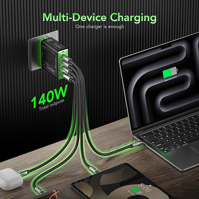 Mfish E-Rhino 140W USB-C Charger, True PD 3.1 GaN Fast Charger, 4-Port (3 USB-C + 1 USB-A) Foldable Plug Power Adapter for MacBook Pro 16”, iPhone 17/16, iPad, Galaxy, Tablet, Laptop Black