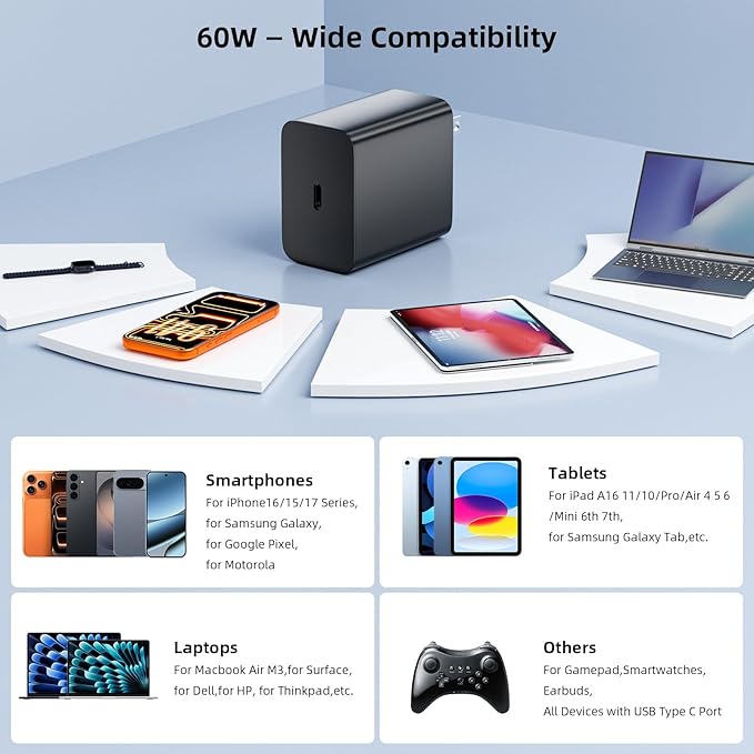 60W USB C Charger with 5A Cable for Super Fast Charging Adapter for Samsung S26 Ultra S25 S23 A17 A16 Wall Plug Power Adaptor for iPhone 17 Pro Max 16 15 Pixel 10a 9a USB-C to Type C PD Charge Cord 1M