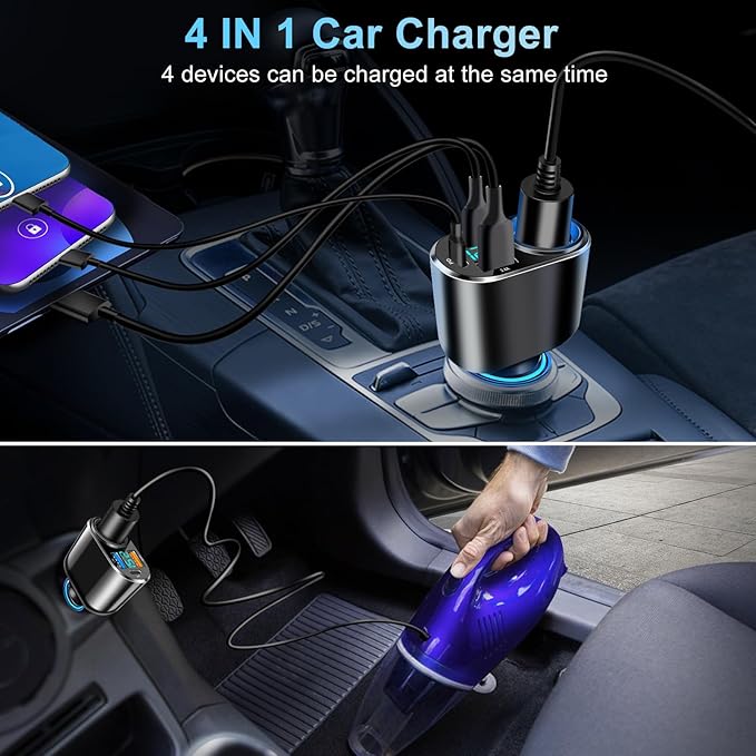 USB C Car Charger, 90W Cigarette Lighter Adapter Dual USB Fast Charging PD QC 3.0, 12V/24V Car Charger Socket Splitter with LED Voltmeter for Smart Phone GPS Dash Cam