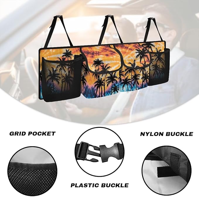 Palm Tree Trunk Hanging Organizer, Backseat Bag, Car Interior Accessories with 2 Pockets & 2 Mesh Pouches for Groceries Storage Space for SUV, Jeep, MPVs