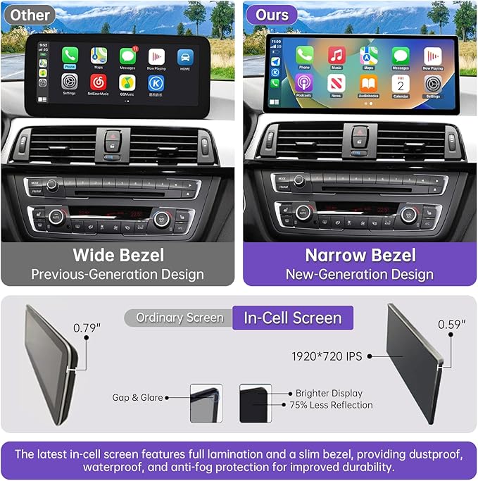 NINETOM 2025 Upgraded 12.3" Ultra-Narrow Touchscreen Wireless CarPlay Android Auto Receiver Compatible with BMW 3/4 Series F30/F31/F32/F33/F34/F36 (2012–2016), for NBT System