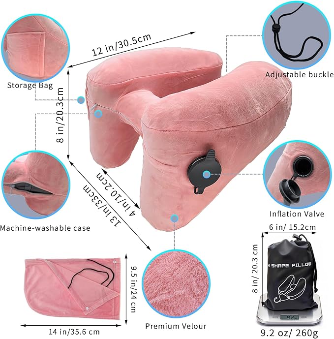 H-Shaped Travel Pillow with Snap-On Hood – Ergonomic Neck Support with Plush Velvet Cover, Instant Inflation & Compact Bag – for Airplane, Car, Office & Long Trips (Red)