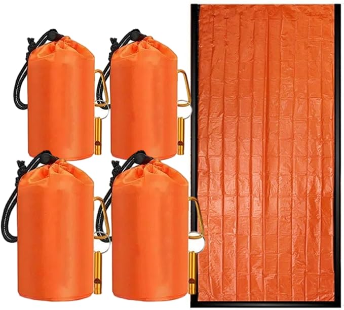 Waterproof Emergency Sleeping Bag with Whistle, 2 Pack Mylar Thermal Bivy Sack for Survival, Camping, Hiking with Emergency Blankets, Survival Kit Supplies