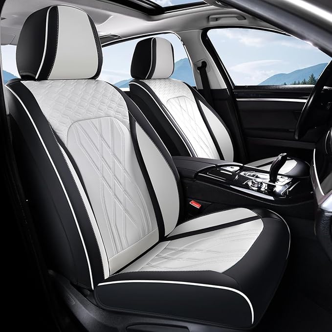 FLORICH Leather Car Seat Cover Full Set Automotive Seat Covers 5 Seats Front and Back Seat Cover Full Coverage Car Seat Protector Universal Fit for Most Car Truck SUV, Black&White
