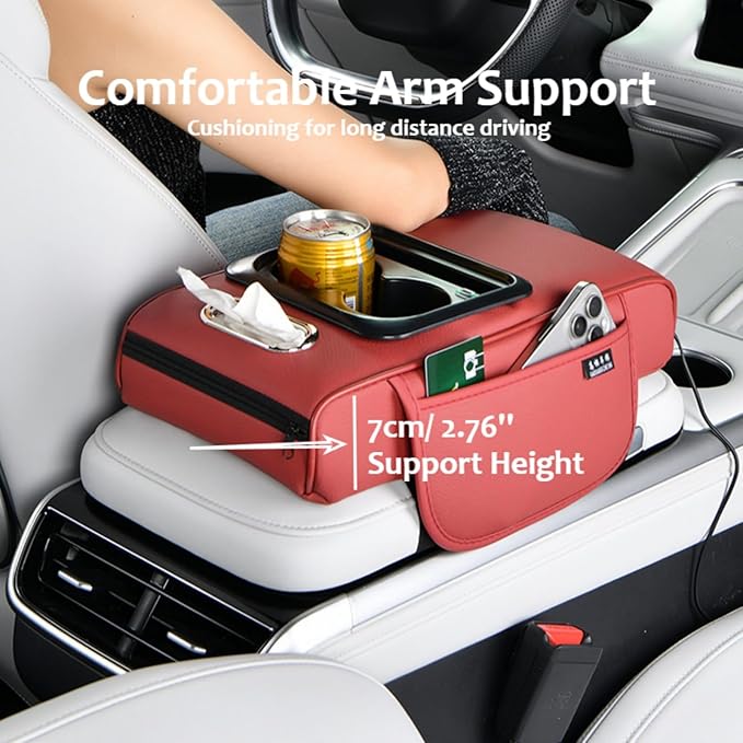 Armrest Box Pad for Car w/Type-C Charging Interface, Car Center Console Cover w/Cup Holder, Interior Car Accessories (Black)
