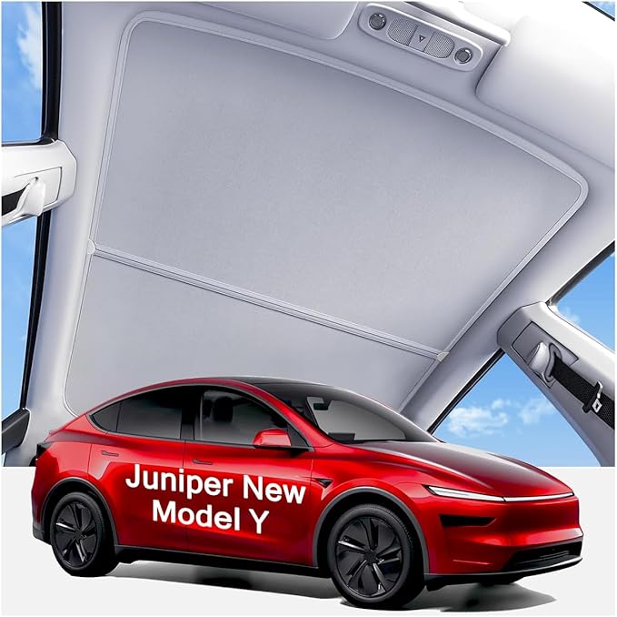 2026 Upgraded Tesla Model Y Juniper Sunshade Roof, UPF200+ Roof Sunshade with Storage Bag, No-Sag&No-Gaps Heat Insulation Foldable Roof Shade, Tesla Accessories for Juniper 2025-2026, Gray