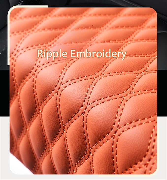 Car Center Console Armrest Pad, Arm Rest Box Cushion with Ergonomic Height Boost, Storage Pockets, Built-in Tissue Box, Cupholder, Fit for Most Sedan Vehicles (Embroidery Water Ripple, Deep Orange)