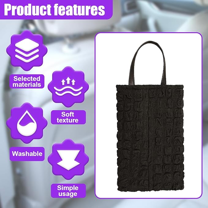 Car Tissue Holder, Soft Cute Auto Tissue Box Cover, Hanging Decorative Car Backseat Napkin Storage Bag, Universal Vehicle Interior Paper Organizer Accessories for Headrest(Black)